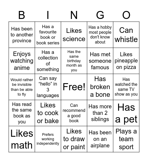 Getting To Know You! Bingo Card