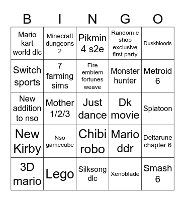 Nintendo direct Bingo Card