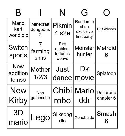 Nintendo direct Bingo Card