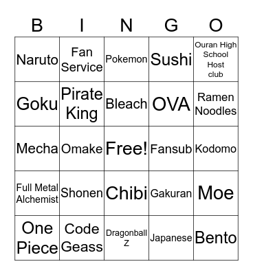 Anime Bingo Card