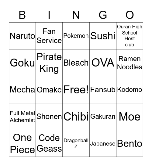 Anime Bingo Card