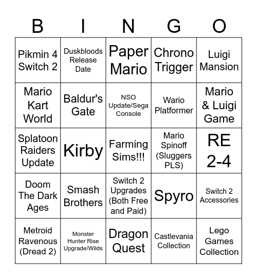Nintendo Direct 9-8-2026 Bingo Card