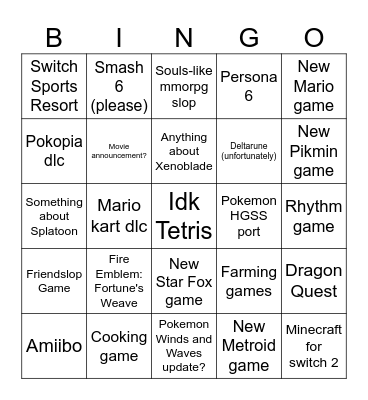 Nintendo Direct Bingo Card