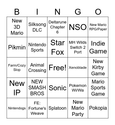 9/9 Nintendo Direct Bingo Card