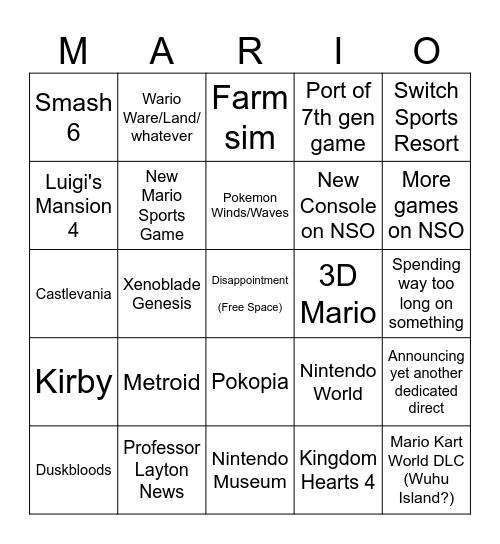 Nintendo Direct 9/9/2026 Bingo Card