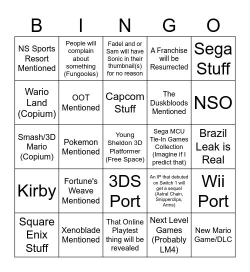Nintendo Direct Bingo Card