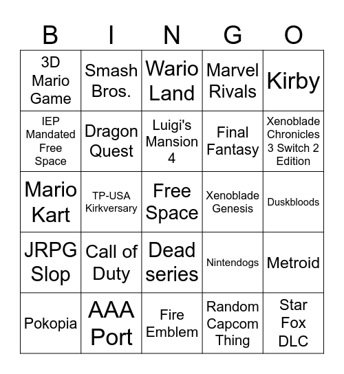 Nintendo Direct: September 9th Bingo Card