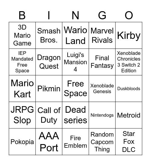 Nintendo Direct: September 9th Bingo Card