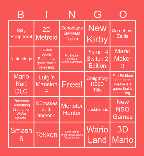 Nintendo Direct Bingo Card