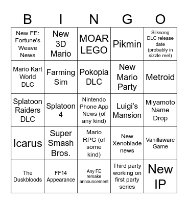 Nintendo Direct Sept. 2026 Bingo Card