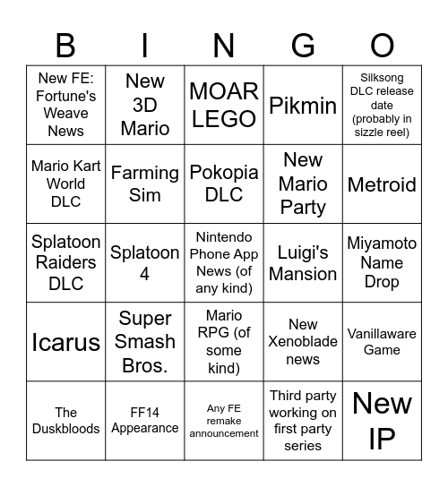 Nintendo Direct Sept. 2026 Bingo Card