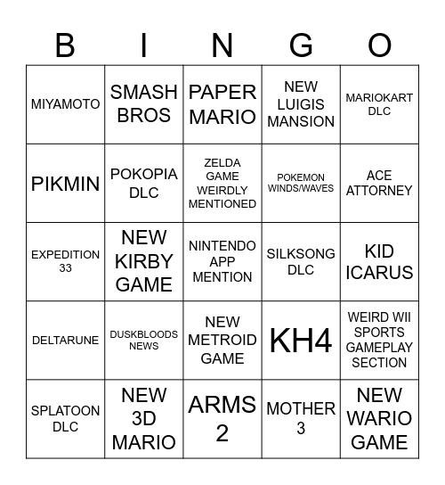 Nintendo Direct Bingo Card
