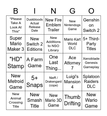 Nintendo Direct 09.09.26 Bingo Card
