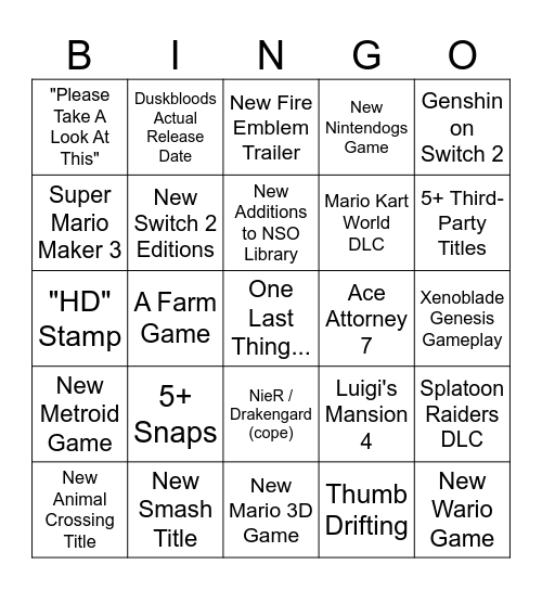 Nintendo Direct 09.09.26 Bingo Card