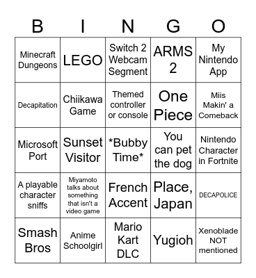 Nintendo Direct 9/9/26 Bingo Card