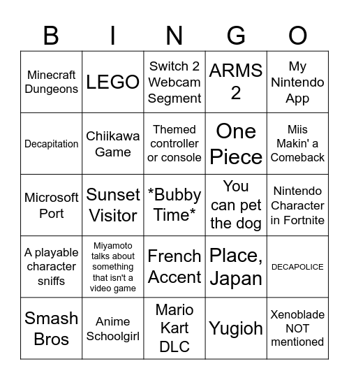 Nintendo Direct 9/9/26 Bingo Card