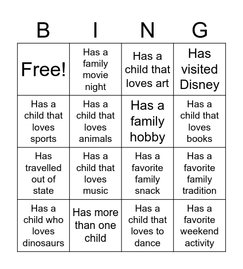 Parent Connection Bingo Card