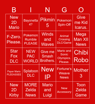 Nintendo Direct BINGO Card