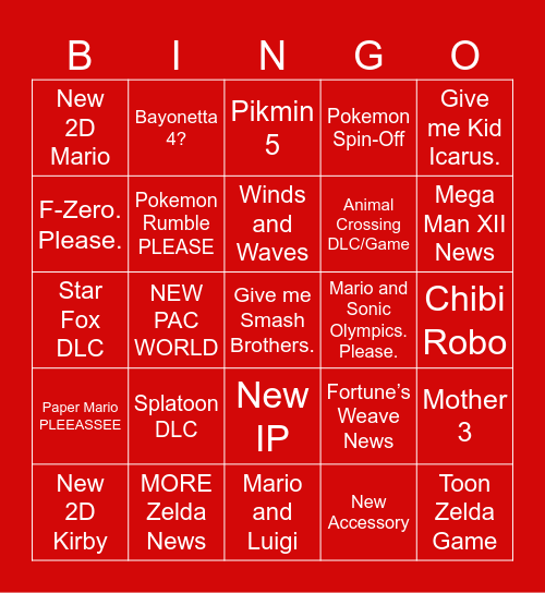 Nintendo Direct BINGO Card