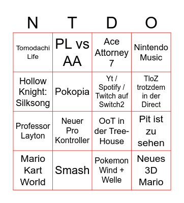 Nintendo September Direct Bingo Card