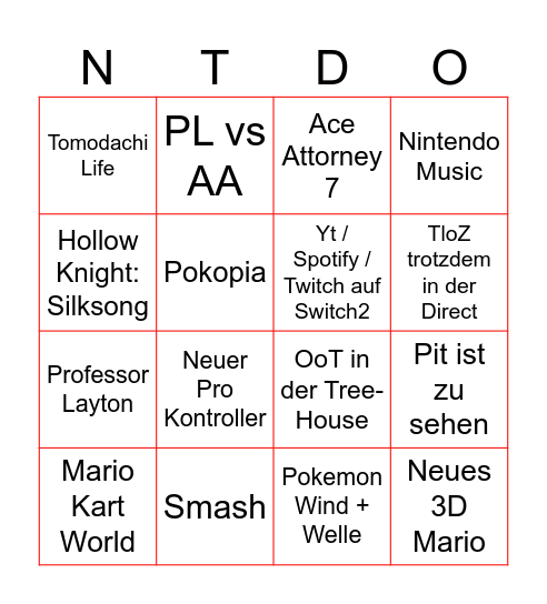 Nintendo September Direct Bingo Card