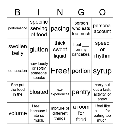 My Achilles' Meal Bingo Card