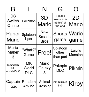 Nintendo Direct 9/9/26 BINGO Card