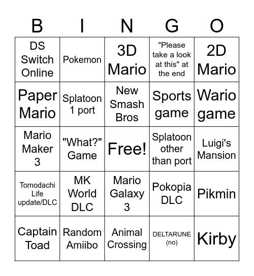 Nintendo Direct 9/9/26 BINGO Card