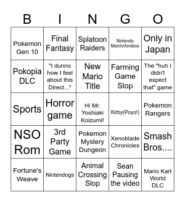 9/9/26 Nintendo Direct Bingo Card