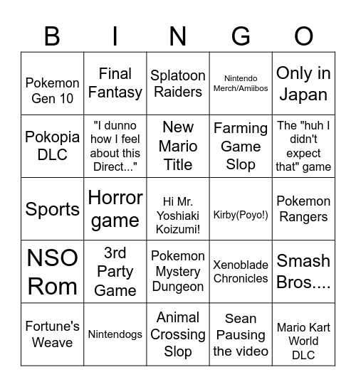 9/9/26 Nintendo Direct Bingo Card