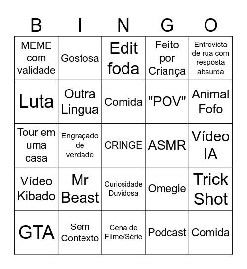 Youtube Shorts Bingo Card