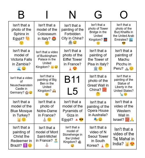B11 L5 Isn't that a photo of the Acropolis in Greece? 🏛️😊 Bingo Card