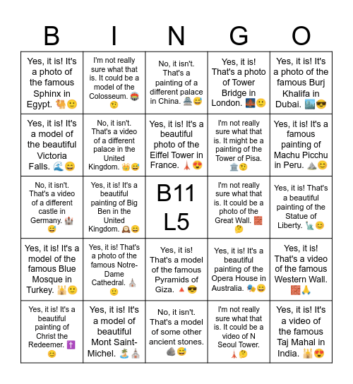 B11 L5 Yes, it is! It's a famous photo of the Acropolis in Greece. 🏛️😊 Bingo Card