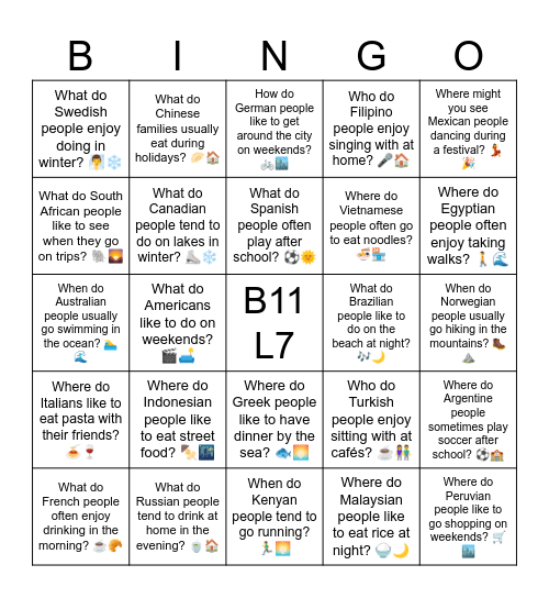 B11 L7 What do Australian families like to do at Christmas? 🏖️🔥 Bingo Card