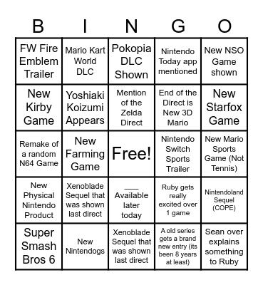 Nintendo Direct 9/9/2026 Bingo Card
