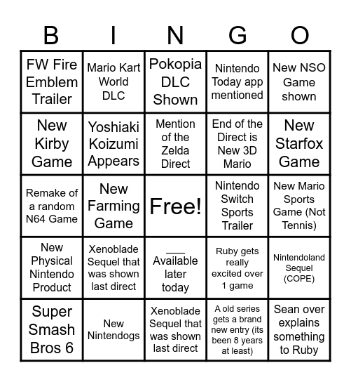 Nintendo Direct 9/9/2026 Bingo Card