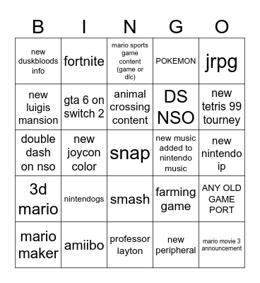 nintendo direct bingo Card