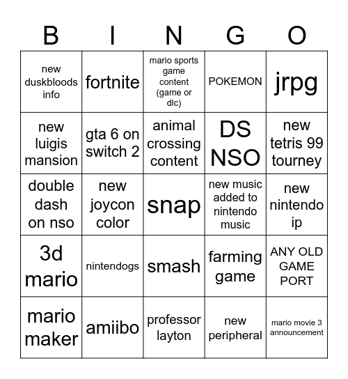 nintendo direct bingo Card