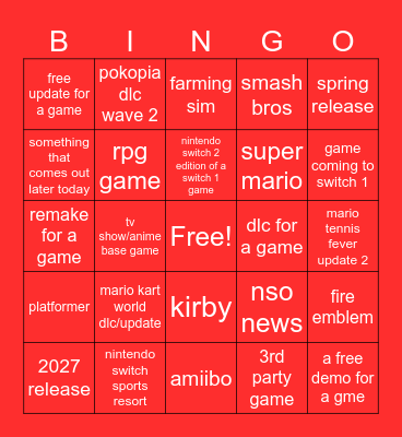 Nintendo direct 9.9 2026 Bingo Card