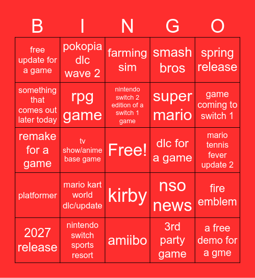 Nintendo direct 9.9 2026 Bingo Card