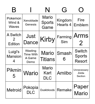 Nintendo Direct Bingo Card