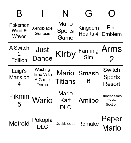 Nintendo Direct Bingo Card