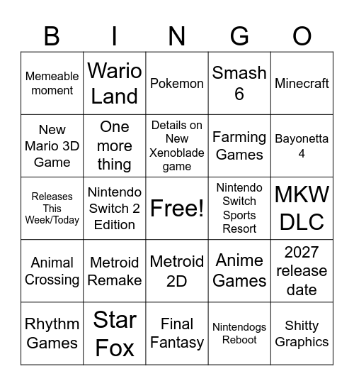 Nintendo Direct September 9th 2026 Bingo Card