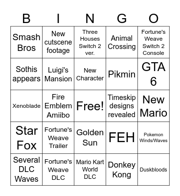 Nintendo Direct 9.9 Bingo Card
