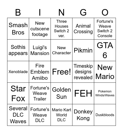 Nintendo Direct 9.9 Bingo Card