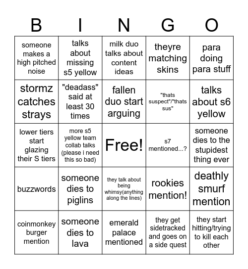 yellow team bingo Card