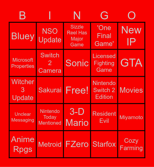 Nintendo Direct Bingo Card