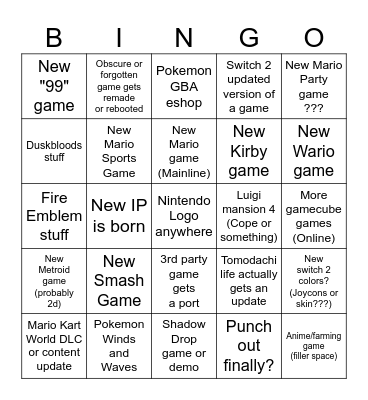9/9/26 Nintendo Direct Bingo Card