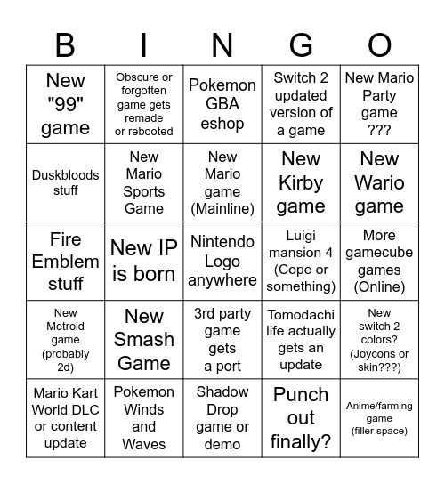 9/9/26 Nintendo Direct Bingo Card