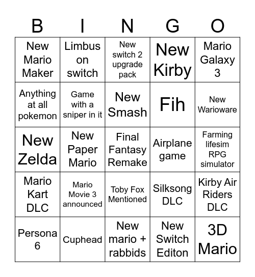 Nintendo Direct 09.09 Bingo Card